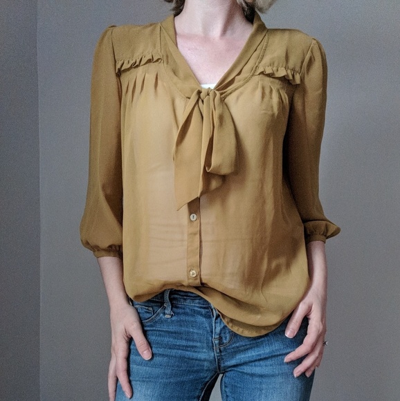 Elle Tops - Elle Sheer Olive Pussy Bow Blouse